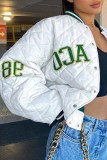 White Vintage Letter Embroidered Mandarin Collar Outerwear