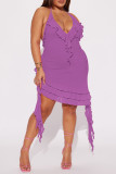 Purple Sexy Solid Tassel Patchwork Flounce Halter Wrapped Skirt Dresses