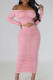 Pink Celebrities Solid Patchwork Fold Off the Shoulder Long Dress Dresses