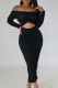 Black Celebrities Solid Patchwork Fold Off the Shoulder Long Dress Dresses