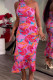 Pink Sweet Print Patchwork High Opening Halter Printed Dress Dresses