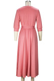 Pink Elegant Solid Bandage Patchwork V Neck A Line Dresses