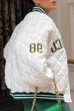 White Vintage Letter Embroidered Mandarin Collar Outerwear
