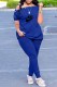 Blue Casual Print Letter Off the Shoulder Short Sleeve Two Pieces
