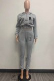 Light Blue Casual Simplicity Print Letter Hooded Collar Long Sleeve Two Pieces