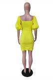 Yellow Sexy Casual Solid Basic Square Collar Short Sleeve Dress