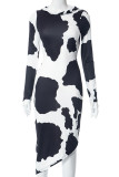 Black White Street Print Patchwork Contrast Hooded Collar Printed Dress Dresses