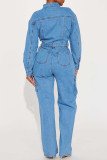 Sky Blue Elegant Solid Patchwork Pocket Buckle Mandarin Collar Regular Jumpsuits
