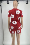 Red Street Print Patchwork O Neck Short Sleeve Two Pieces