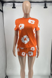 Red Street Print Patchwork O Neck Short Sleeve Two Pieces