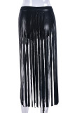Black Sexy Solid Tassel Patchwork Skinny Mid Waist Conventional Solid Color Bottoms