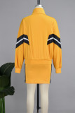 Yellow Casual Color Block Patchwork Pocket Zipper Turndown Collar Long Sleeve Two Pieces