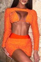 Orange Casual Solid Bandage Patchwork O Neck Long Sleeve Three Pieces
