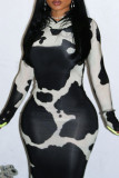 Black White Street Print Patchwork Contrast Hooded Collar Printed Dress Dresses