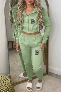 Grass Green Casual Simplicity Print Letter Hooded Collar Long Sleeve Two Pieces
