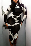 Black White Street Print Patchwork Contrast Hooded Collar Printed Dress Dresses
