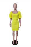 Yellow Sexy Casual Solid Basic Square Collar Short Sleeve Dress