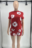 Red Street Print Patchwork O Neck Short Sleeve Two Pieces