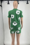 Red Street Print Patchwork O Neck Short Sleeve Two Pieces