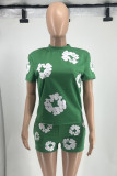 Red Street Print Patchwork O Neck Short Sleeve Two Pieces