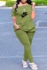 Army Green Casual Print Letter Off the Shoulder Short Sleeve Two Pieces