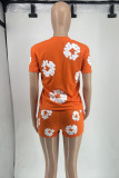 Red Street Print Patchwork O Neck Short Sleeve Two Pieces
