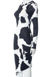 Black White Street Print Patchwork Contrast Hooded Collar Printed Dress Dresses