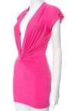 Rose Red Casual Solid Patchwork Fold V Neck One Step Skirt Dresses