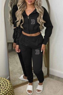 Black Casual Simplicity Print Letter Hooded Collar Long Sleeve Two Pieces