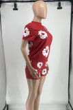 Red Street Print Patchwork O Neck Short Sleeve Two Pieces
