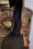 Army Green Street Camouflage Print Patchwork See-through O Neck Tops
