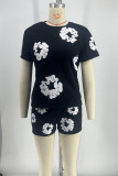 Red Street Print Patchwork O Neck Short Sleeve Two Pieces