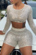Cream White Casual Solid Sequins Patchwork O Neck Long Sleeve Two Pieces