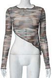 Army Green Street Camouflage Print Patchwork See-through O Neck Tops