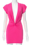 Rose Red Casual Solid Patchwork Fold V Neck One Step Skirt Dresses