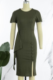 Green Work Elegant Solid Patchwork Slit O Neck One Step Skirt Dresses