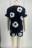 Red Street Print Patchwork O Neck Short Sleeve Two Pieces