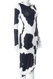 Black White Street Print Patchwork Contrast Hooded Collar Printed Dress Dresses