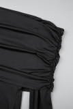 Black Elegant Solid Patchwork Fold Off the Shoulder Wrapped Skirt Dresses
