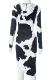 Black White Street Print Patchwork Contrast Hooded Collar Printed Dress Dresses