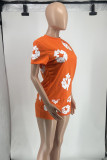 Red Street Print Patchwork O Neck Short Sleeve Two Pieces