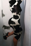 Black White Street Print Patchwork Contrast Hooded Collar Printed Dress Dresses