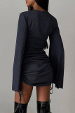Black Street Solid Patchwork Draw String Fold O Neck Wrapped Skirt Dresses