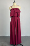 Fuchsia Sweet Solid Patchwork Flounce Spaghetti Strap Sleeveless Two Pieces