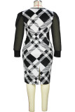 Black Elegant Print Patchwork Slit Zipper Asymmetrical Collar Pencil Skirt Plus Size Dresses