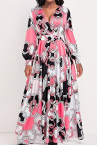 Pink Elegant Solid Patchwork V Neck A Line Plus Size Dresses