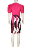 Deep Pink Elegant Print Patchwork Zipper O Neck Wrapped Skirt Dresses