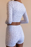 White Street Print Patchwork Buckle U Neck Long Sleeve Two Pieces