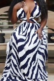 Black White Sexy Striped Print Bandage Hollowed Out Patchwork Halter A Line Plus Size Dresses