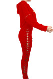 Red venetian Active Two Piece Suits Print Letter pencil Long Sleeve Two-piece Pants Set